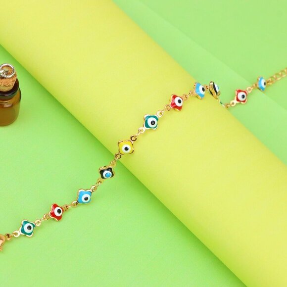 "Rose Gold Evil Eye Anklet with Multicolor Charms, XPAL1074 - Picture 5 of 13